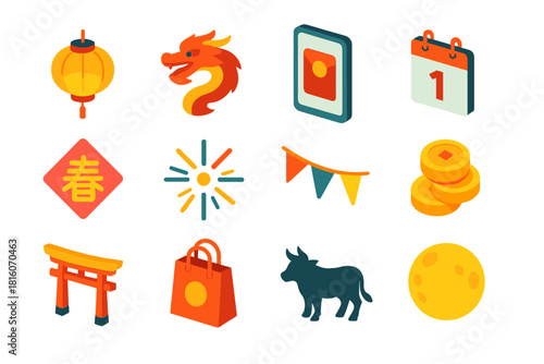 Modern Lunar Icon Set. Modern Lunar New Year set flat icon set: glowing lantern, stylized dragon curve, smartphone with red packet app, digital calendar, prosperity symbol