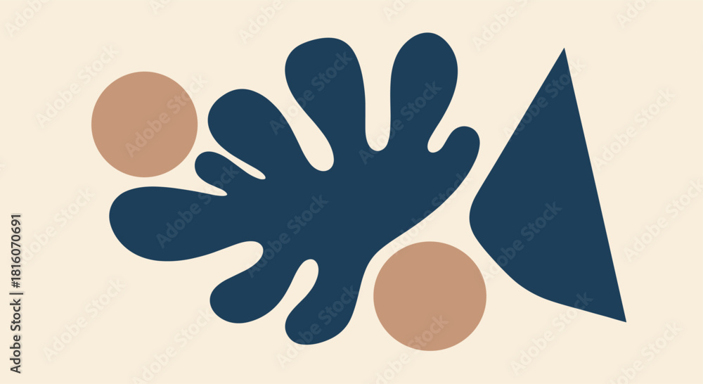 Fototapeta premium Modern abstract composition with organic shapes like a leaf circles and a triangle in a minimalist bohemian art style.