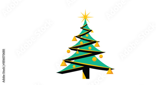 Stylized Christmas tree with a golden star topper and festive ornaments in a geometric modern art style illustration.