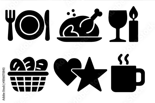 Brutalist Dinner Icons. Family table silhouette icon set : table setting, roasted dish, glass of wine, candle flame, bread basket, heart, star, warm mug