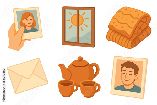 Heartfelt Icons Collection. Heartfelt Moments flat icon set : photo in hand, sun through window, cozy blanket, folded letter, teapot and cups, smiling portrait