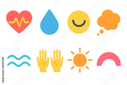 Vibrant Emotional Icons. Emotional Expression Symbols flat icon set: heart pulse, tear droplet, smile curve, thoughtful bubble, soft wave, lifted hands, warm glow, feeling arc