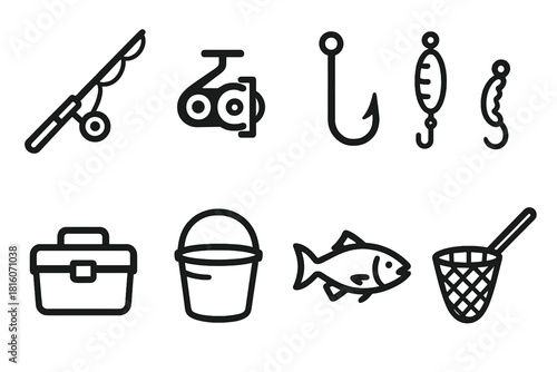 Fishing Gear Icons. Fishing Essentials linear icon set. fishing rod, reel, hook, bait, tackle box, bucket, fish, net.