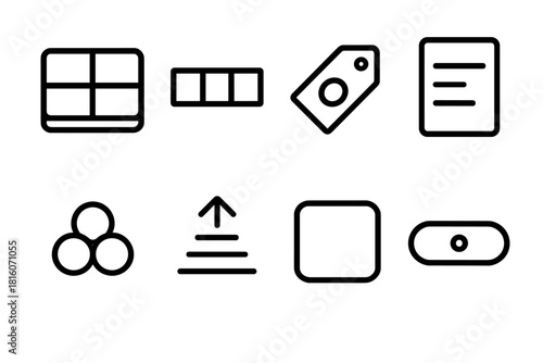 Organizational Icons Collection. Structured Sorting Elements linear icon set: compartment box, divider strip, coded tag, organize panel, group ring, sort arrow, item tile, label