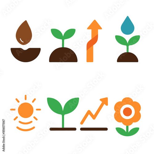 Minimalistic Growth Icons. Cultivated Growth flat icon set: planted seed, gentle sprout, upward ribbon, nourishing droplet, balanced leaf, warm pulse, rising line, bloom ring