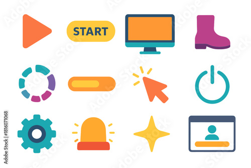 Digital Startup Icons. Digital Start set flat icons set. play icon, start button, computer screen, boot symbol, progress wheel, loading bar, cursor click, power switch, system gear