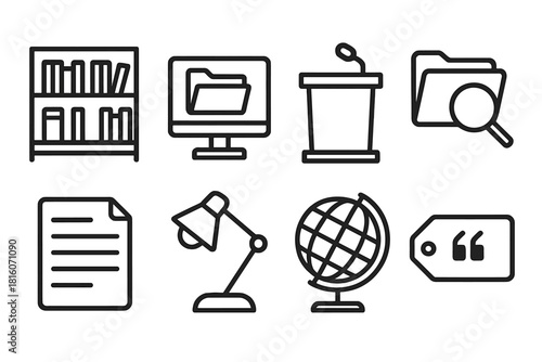 Solid Line Knowledge Icons. Knowledge sources linear icon set: library shelf, digital archive, lecture podium, research folder, document page, study lamp, globe, citation tag