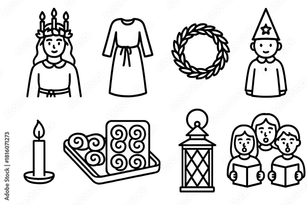 Obraz premium St. Lucia Icons. St. Lucia's Day Festivities linear icon set. candle crown, white robe, wreath, star boy hat, candle, tray of buns, lantern, singing choir