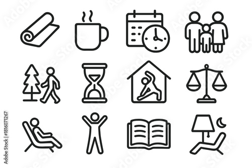 Icons of Work-Life Balance. Work-Life Balance in Remote Work linear icon set: yoga mat, morning coffee, clock schedule, family time, nature walk, break timer, home exercise