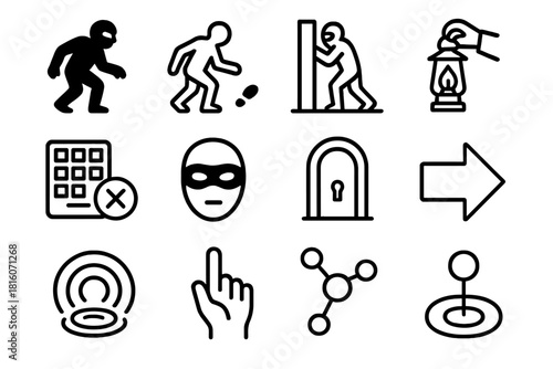 Stealth Iconography. Stealth Infiltration linear icon set: shadowed figure, quiet footsteps, concealed path, dim lantern, coded entry symbol, masked outline, subtle arrow, hidden