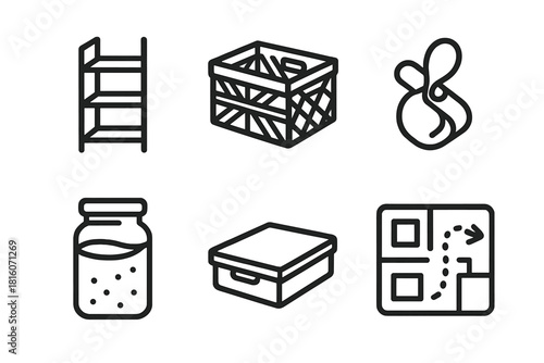 Organized Storage Icons. Smart Storage Planning linear icon set: vertical shelf, foldable crate, cable tidy clip, pantry jar, under-bed box, storage map icon