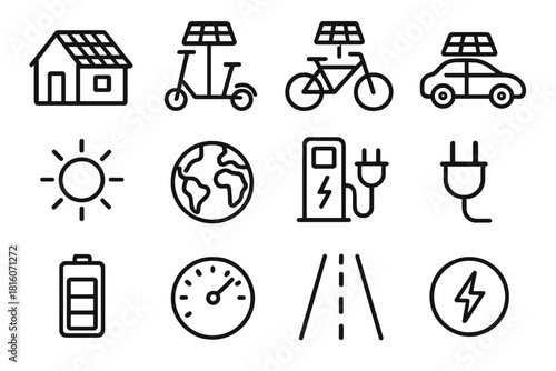 Solar Mobility Icons. Solar mobility linear icon set. solar roof, scooter, e-bike, car, charging dock, plug, sun rays, globe, battery, speedometer, road, energy symbol