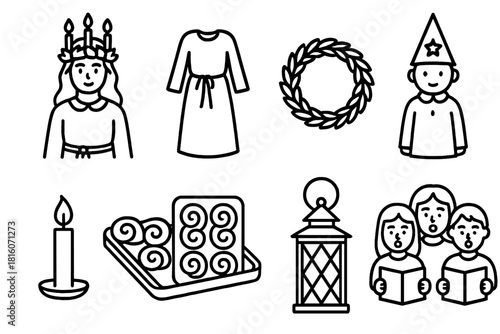 St. Lucia Icons. St. Lucia's Day Festivities linear icon set. candle crown, white robe, wreath, star boy hat, candle, tray of buns, lantern, singing choir