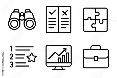 Competitive Analysis Icons. Competitive Research linear icon set: binoculars, comparison chart, puzzle piece, ranking list, analytics screen, briefcase