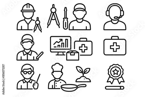 Diverse Professional Icons. Labor Day Professional Roles Set linear icon set: engineer compass, technician screwdriver, operator headset, field service tablet, logistics chart