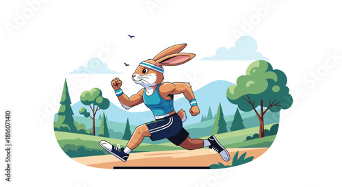 Athletic and muscular rabbit character running through a park with green trees and a clear blue sky in the background.
