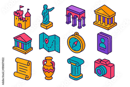 Historic Journey Icons. Historic Journeys flat icons set. castle, statue, archway, temple, museum, map, compass, guide, scroll, artifact, column, camera