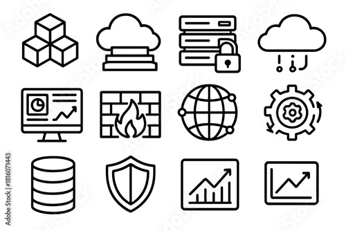 Cloud Security Icons. Cloud Orchestration linear icon set: layered cubes, cloud stack, virtualization layers, secure lock, data stream, control dashboard, firewall grid, network