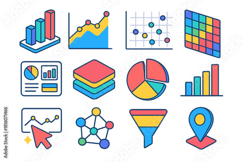 Isometric Data Icons. Data Visualization flat icon set: colorful chart, timeline graph, scatter plot, heatmap grid, dashboard panel, info layers, pie segment, histogram, analytics