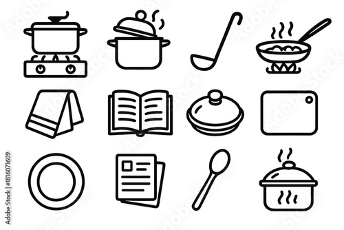 Culinary Icons in Outline. Cooking in progress linear icon set: stove, pot lid, steam, ladle, sizzling pan, wooden spoon, open cookbook, towel, glass lid, cutting board, plate