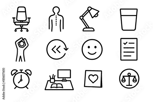 Scholar Wellness Icons. Scholar Wellness Tools linear icon set: ergonomic chair, posture icon, reading lamp, water glass, stretching figure, breathing loop, mood tracker, goal