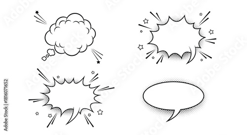 Set of four black and white empty comic book speech bubbles with halftone dots and star accents in pop art style.