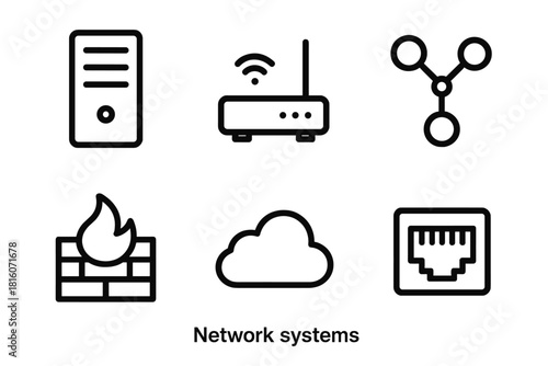 Network Infrastructure Icons. Network Systems linear icon set: server tower, router icon, circuit path, firewall panel, cloud shape, connection port