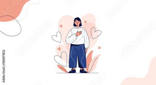 Illustration of a woman with her hand on her heart expressing gratitude and self-love surrounded by floating hearts.