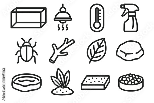 Reptile Care Icons. Reptile Care Setup linear icon set: tank, heat lamp, thermometer, spray bottle, insect, branch, leaf, rock, water dish, plant, sand, food bowl