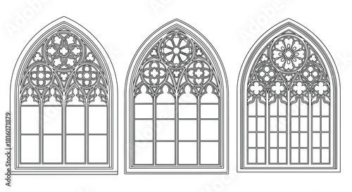 Detailed black and white line art of three ornate gothic architectural windows with intricate tracery and arched tops.
