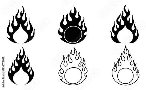Classic black silhouette fire flames set in old school tattoo neo tribal style minimalistic outline and filled contour for car decals and graphic design