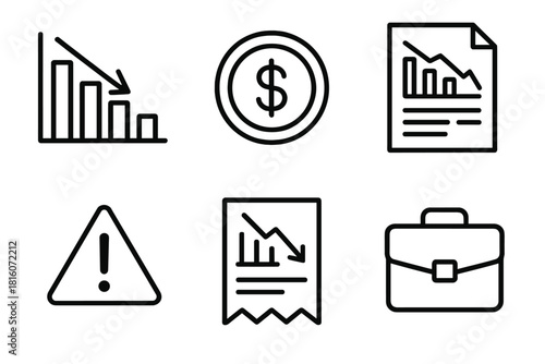 Revenue Decline Icons. Revenue loss linear icon set: bar graph declining, dollar coin, document chart, warning symbol, receipt, briefcase