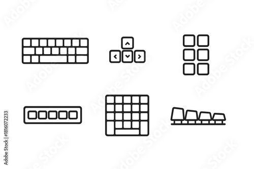 Keyboard Layout Icons. Keyboard Layouts linear icon set: QWERTY block, arrow cluster, function row, navigation cluster, macro strip, spacing grid, layout map, row profile