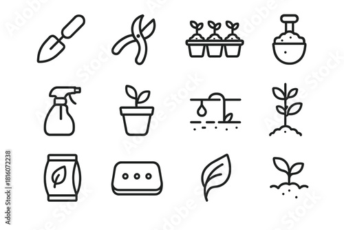 Garden Tool Icons. Garden Care Symbols linear icon set: soil trowel, pruning snip, seedling tray, compost shovel, mist sprayer, plant pot, drip line, stake support, organic