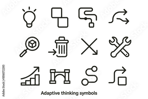 Adaptive Thinking Icons. Adaptive Thinking Symbols linear icon set: idea spark, modular tool block, flexible plan strip, workaround arrow, resource scan icon, minimal-waste cue