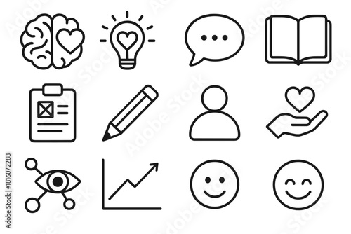 Emotional Design Icons. Emotional design thinking linear icon set: brain with heart, idea bulb, conversation bubble, notebook, sketch pad, pencil, human figure, heart in hand