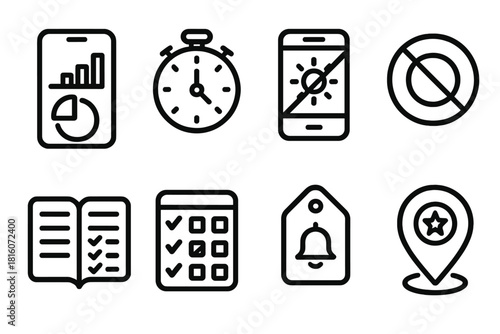 Digital Wellbeing Icons. Digital Wellbeing Frameworks Tools linear icon set: app dashboard, timer, screen filter, do-not-disturb symbol, journal page, habit tracker, reminder tag