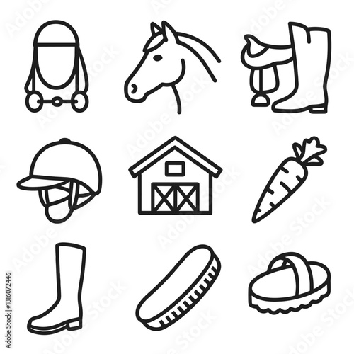 Horse Riding Icons. Horse Riding linear icon set. bridle, saddle, riding boots, horse head, helmet, stable, carrot, grooming brush