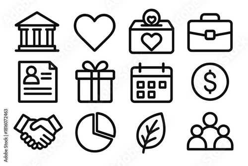 Charitable Icons Collection. Charitable Foundations linear icon set. building, heart icon, donation box, briefcase, document, gift box, calendar, money symbol, handshake, pie chart