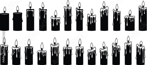 Set of burning candle silhouettes with dripping wax and flame, various sizes, black and white vector illustration, perfect for gothic, holiday, or memorial designs.