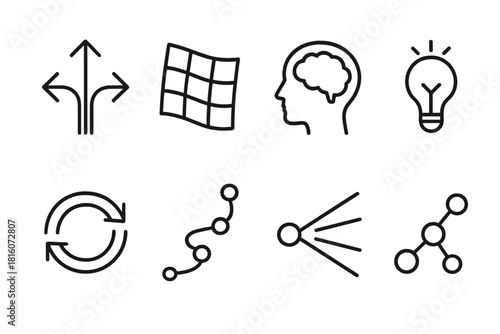 Adaptive Leadership Icons. Adaptive Leadership linear icon set: shifting arrows, flexible grid, mindset bubble, improvement spark, resilience ring, dynamic path, clarity beam