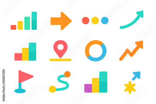 Vibrant Progress Icons. Progress flat icon set: rising bar, forward arrow, milestone dots, growth curve, step ladder, timeline marker, progress ring, momentum line, checkpoint flag