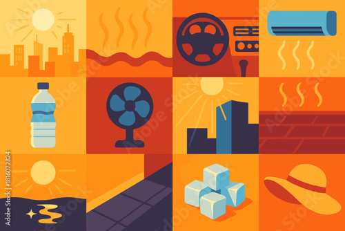 Urban Summer Vibes. Urban Summer Heat flat icon set: city skyline, heat shimmer, car dashboard, air conditioner, bottled water, fan blades, sun reflection, building shadow, hot
