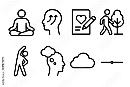 Serenity Icons Collection. Serenity Practices Methods linear icon set: meditation figure, breath guide, gratitude note, nature walk icon, stretch pose, reflection bubble, calm