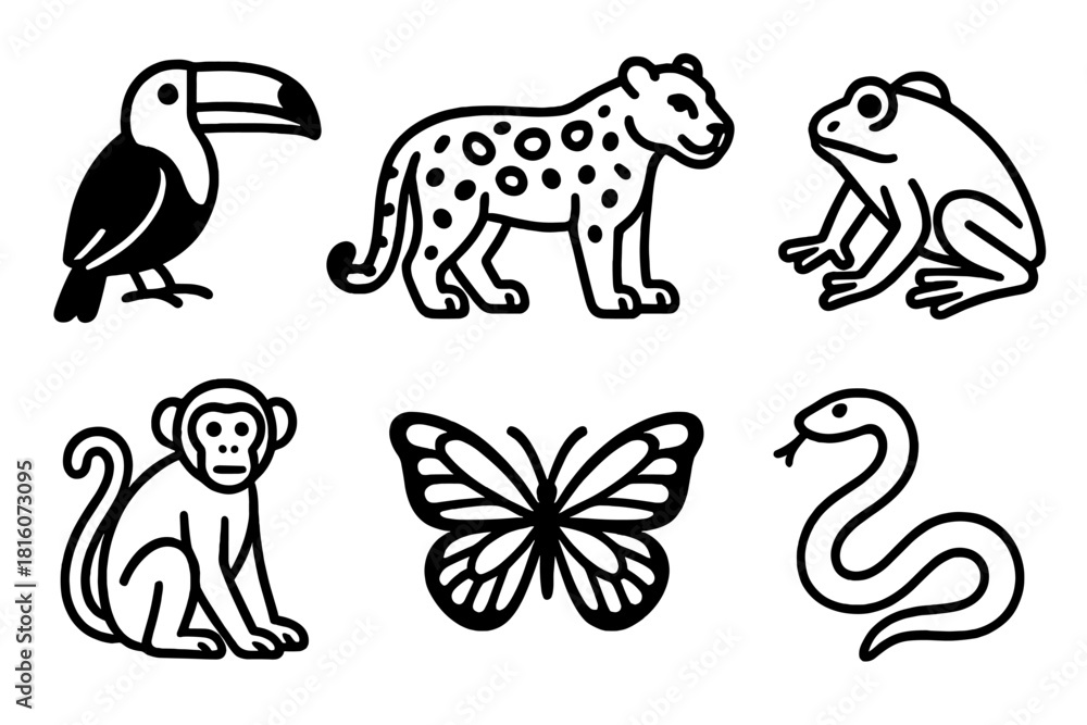 Obraz premium Wildlife Icon Series. Wildlife Diversity linear icon set: toucan, jaguar, frog, monkey, butterfly, snake