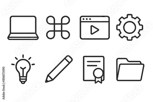 Digital Skill Tools. Skill Training linear icon set: laptop, keyboard shortcut symbol, tutorial window, gear icon, idea spark, pencil, certificate, folder