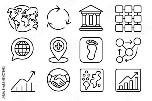 Global Systems Overview. World Systems Overview linear icon set: interconnected continents, resource flow arrows, governance model icon, economic clusters grid, cultural context