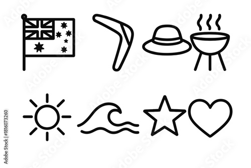 Australia Day Icons. Australia Day Spirit linear icon set. flag, boomerang, beach hat, barbecue, sun, wave, star, heart