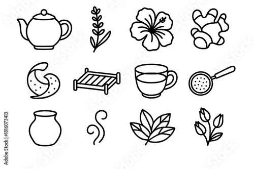 Tea Time Icons. Natural Glow Tea Blends linear icon set: teapot, lavender sprig, hibiscus flower, ginger root, citrus zest, bamboo tray, glass cup, tea strainer, clay pot, steam