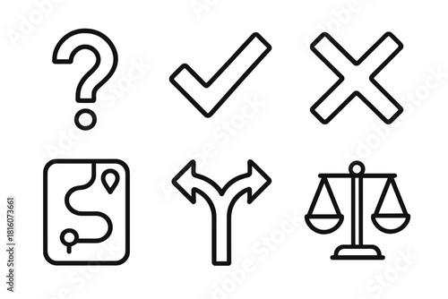 Decision Icon Set. Decision Making Set linear icon set: question mark, check mark, cross mark, scales, roadmap, forked path
